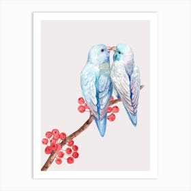 Kissing Parakeet Couple,Scarlet Berries branch. Art Print