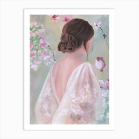 Woman Back With Pink Flowers Art Print