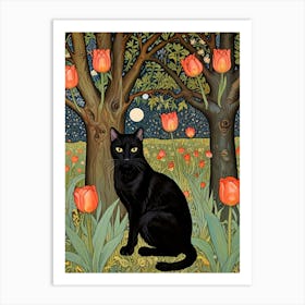 William Morris Black Cat With Tulips Art Print