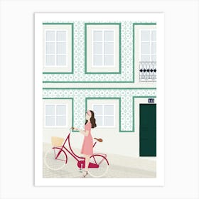 Illustration Of A Woman With A Bicycle in Lisbon Art Print