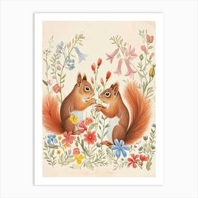 Folksy Floral Animal Drawing Squirrel Art Print