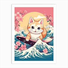 Kawaii Cat Drawings Surfing 2 Art Print