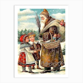 Santa Claus On Snow Meet Two Kids Art Print