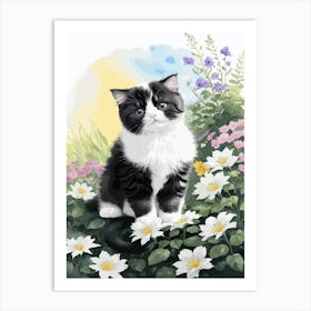 Cute Kitten And Flowers Watercolor Art Print