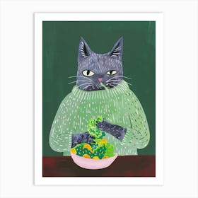 Blue Cat Eating Salad Folk Illustration 3 Art Print