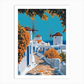 An illustration-style poster of Mykonos Art Print