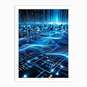 Abstract Cyber Security Theme With Geometric Dots And Lines Forming A Network Like Grid Blue And N (5) Art Print