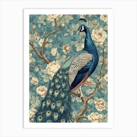 Blue & Cream Peacock Wallpaper Art Print