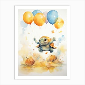 Turtle Flying With Autumn Fall Pumpkins And Balloons Watercolour Nursery 1 Art Print
