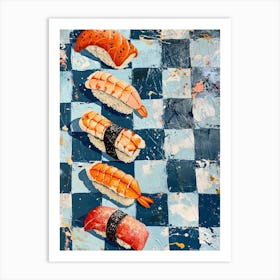 Nigiri Sushi Blue Checkerboard 2 Art Print