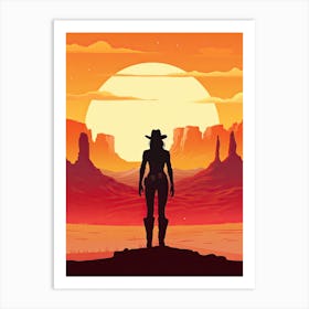 Cowgirl Riding A Horse In The Desert Orange Tones Illustration 10 Art Print