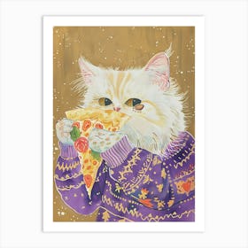 White Cat Pizza Lover Folk Illustration 3 Art Print