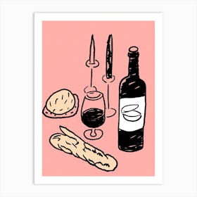 Wine Bread And Candles Kitchen Dinner Pink Art Print