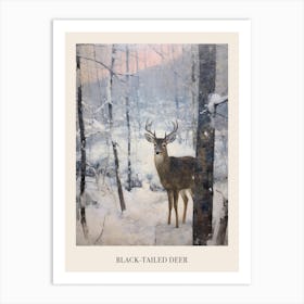 Vintage Winter Animal Painting Poster Black Tailed Deer 2 Art Print