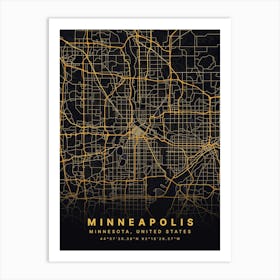 Minneapolis Minnesota USA Black And Gold Map Art Print