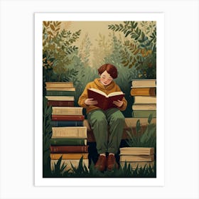 Boy Reading A Book In The Forest Art Print