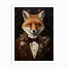 Fox Portrait With Rustic Flowers 7 Art Print