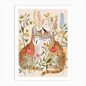 Folksy Floral Animal Drawing Bobcat 2 Art Print