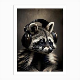 Raccoon Wearing Headphones Portrait Art Print