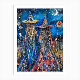 Best Friends Boho Hippy Witches Holding Flowers | Botanical Witchcraft Pagan Coven Painting | Witch Print Magical Spellwork Esbat | Witchy Wiccan Art Print in Wildflowers HD Art Print