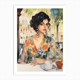 At A Cafe In Barcelona Spain Watercolour Art Print