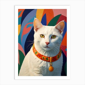 White Cat With A Colorful Collar Art Print