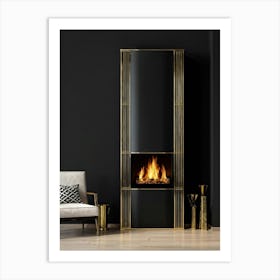 Geometric Fireplace Black Polished Surface Brass Accents Narrow Brass Shelves Displaying Decorati Art Print