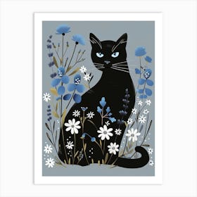 Black Cat In Blue Flowers Art Print