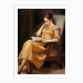 Reading in Chair Vintage Woman Oil Digital Sketch Art Art Print