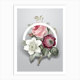 Vintage Anemone Rose Minimalist Flower Geometric Circle on Soft Gray n.0473 Art Print