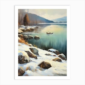 Ancient landscapes, old winter oil paintings and rocks around the lake bank. Snow is falling on the lake, old colors.8 1 Art Print