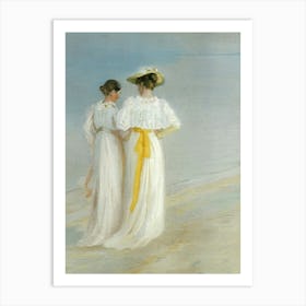 Vintage Painting Two Girls On The Beach Art Print