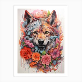 Wolf With Flowers 1 Art Print