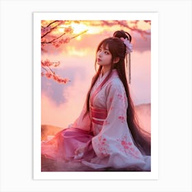 A Tranquil Anime Heroine Expression Unmoved Entrenched In A Vivid Haze Wistful Sunrise Backdrop H Art Print