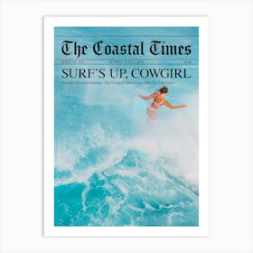 Surfs Up Cowgirl Newspaper - Black Text Art Print