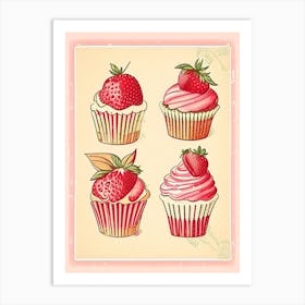 Strawberry Cupcakes, Dessert, Food Vintage Sketch 1 Art Print