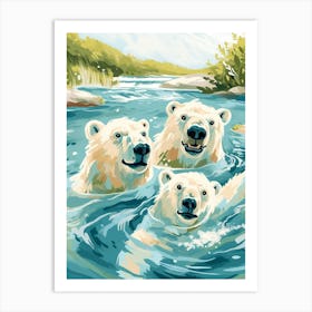 Polar Bear Family Swimming In A River Storybook Illustration 1 Art Print