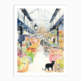 Food Market With Cats In Copenhagen 2 Watercolour Art Print