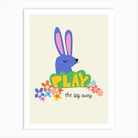 Playful Meadow Play the Day Away  Bunny and Flowers Illustration Kids Art Print