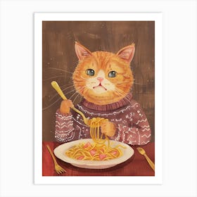 Brown White Cat Eating Pasta Folk Illustration 2 Art Print