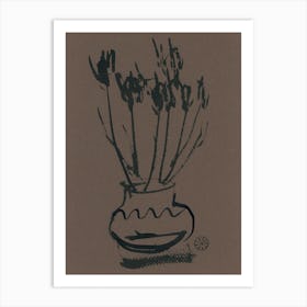 Flowers In A Vase brown dark black ink painting drawing floral flower minimal minimalist minimalism bedroom art Art Print