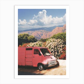 Pink Van With Flowers And Mountains Art Print