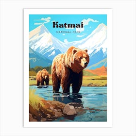 Katmai National Park Alaska Wildlife Travel Art Illustration Art Print