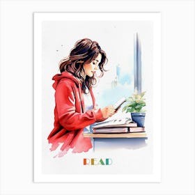 Watercolor Girl Reading a Book Art Print