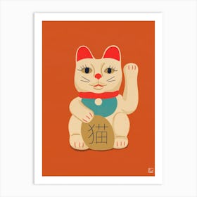 Maneki Neko Cat On Orange Art Print