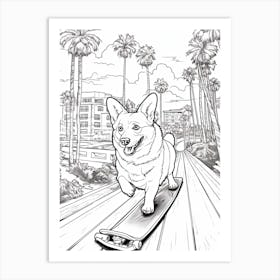 Corgi Dog Skateboarding Line Art 2 Art Print