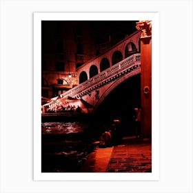 Venetian Dreams Rialto At Night - photo red black venice people bridge vertical living room bedroom Art Print