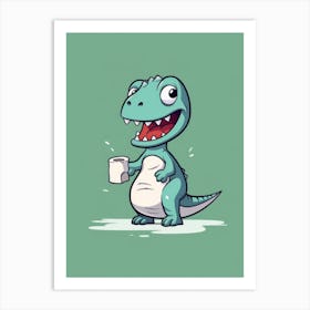 Cartoon Dinosaur Holding A Cup Of Coffee Art Print