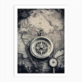 Compass On A Map 12 Art Print