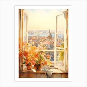Window View Of Istanbul Turkey In Autumn Fall, Watercolour 2 Art Print
